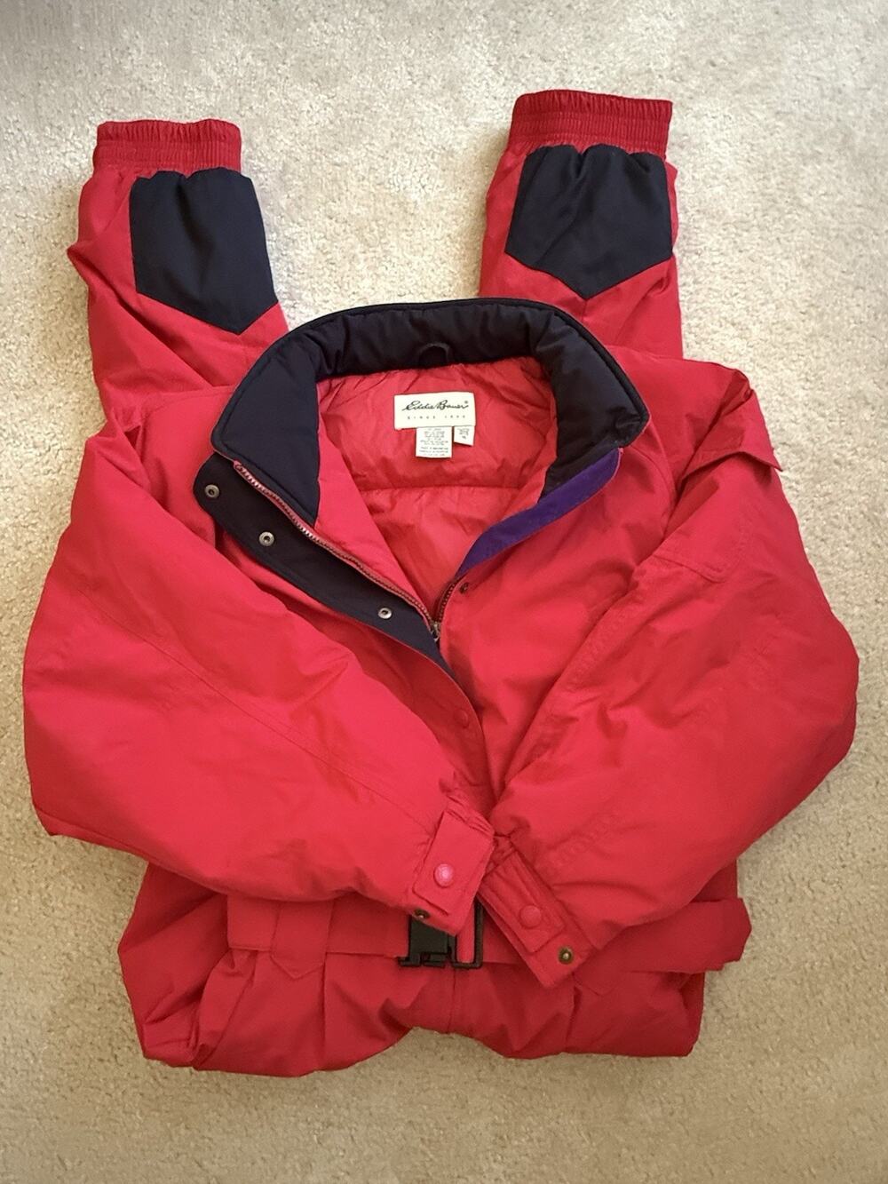 Vtg Eddie Bauer One Piece Ski Suit Red Black Womens 16 Petite Snowsuit Jumpsuit